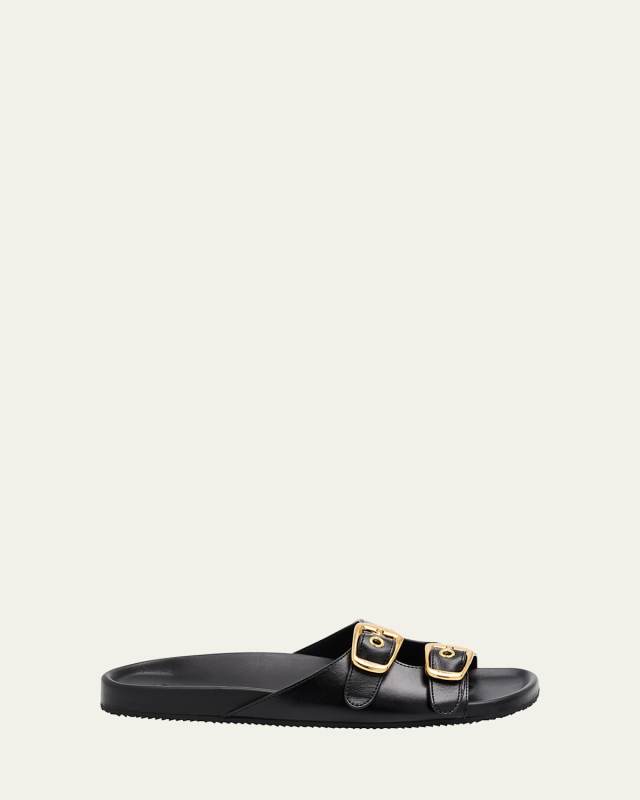 Polly Leather Double-Buckle Slide Sandals